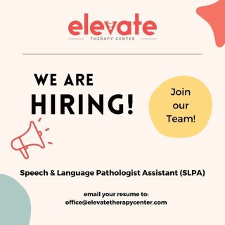 📣 We are growing our team! 😃⁠
⁠
If you are an SLPA looking for a amazing opportunity to join a fun and caring team, please email us at:⁠
⁠
office@elevatetherapycenter.com